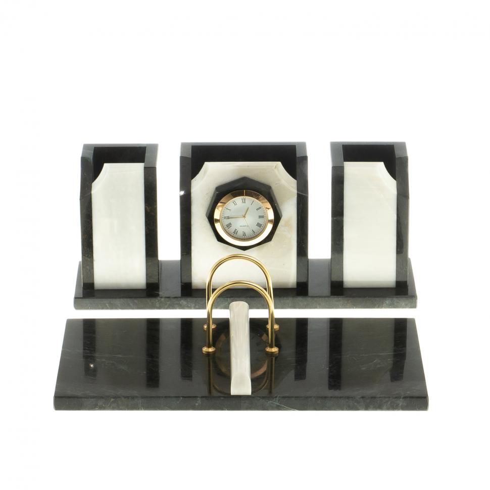 Настольный набор "Оптима" с часами камень мрамор фото 1 — 