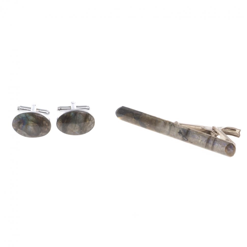 Набор запонки овальные и зажим для галстука камень лабрадор фото 1 — 