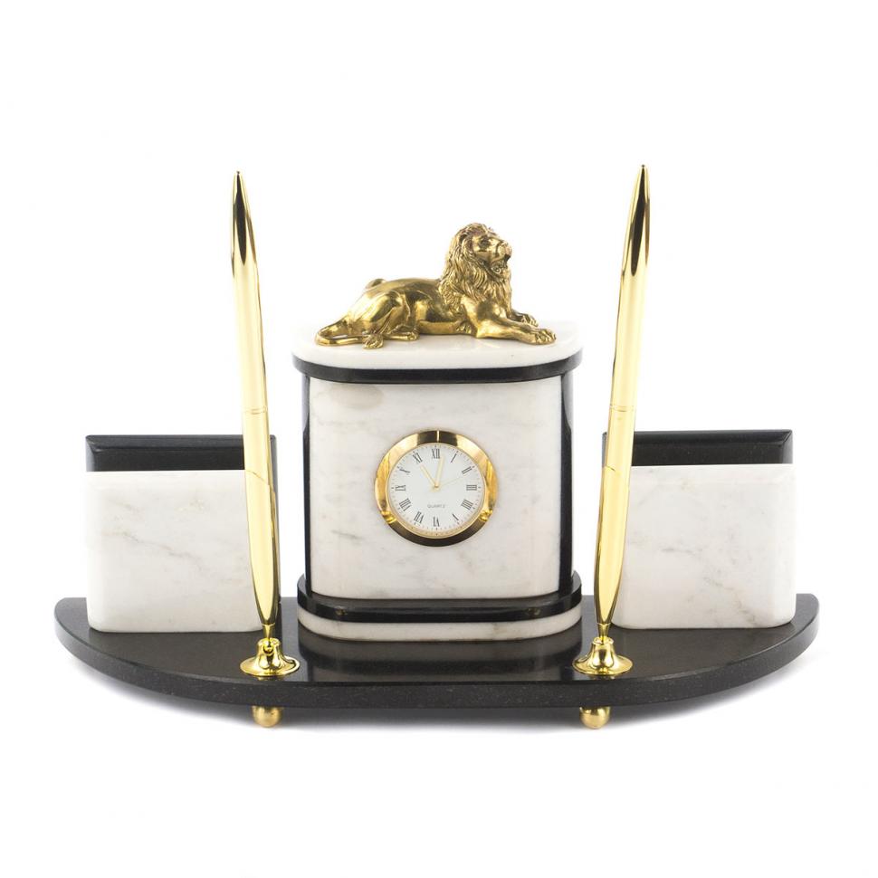 Письменный набор с визитницами "Лев" камень белый мрамор фото 1 — 