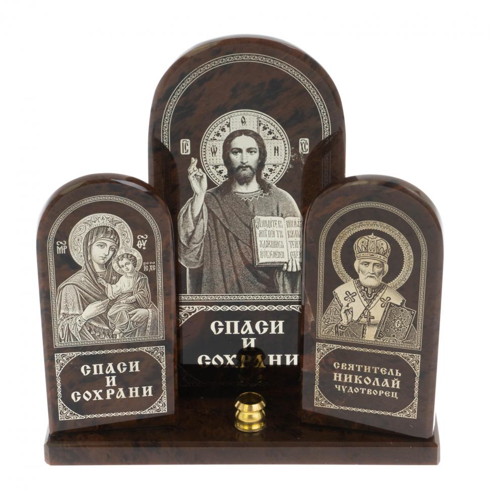 Икона настольная триптих большая "Спаси и сохрани" камень обсидиан фото 1 — 