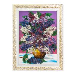 Картина с рисунком из камня &quot;Сирень в вазе&quot; в багете 36х46 см розовый фон — 