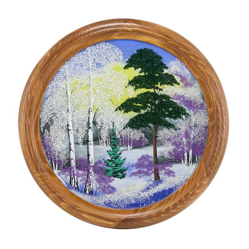 Панно каменное на тарелке из дерева "Зимний пейзаж" 40 см фото 1 — 