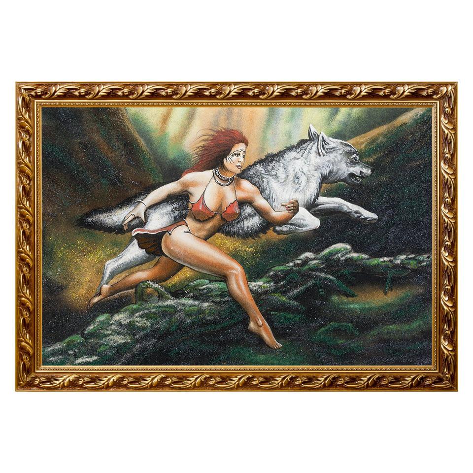 Картина "Бегущая с волком" багет 46х66 см, каменная крошка фото 1 — 