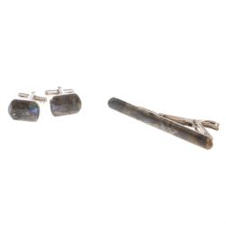 Набор запонки закругленные и зажим для галстука камень лабрадор — 