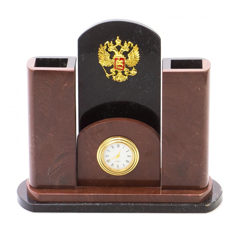Часы настольные с карандашницей "Герб РФ" камень лемезит фото 1 — 