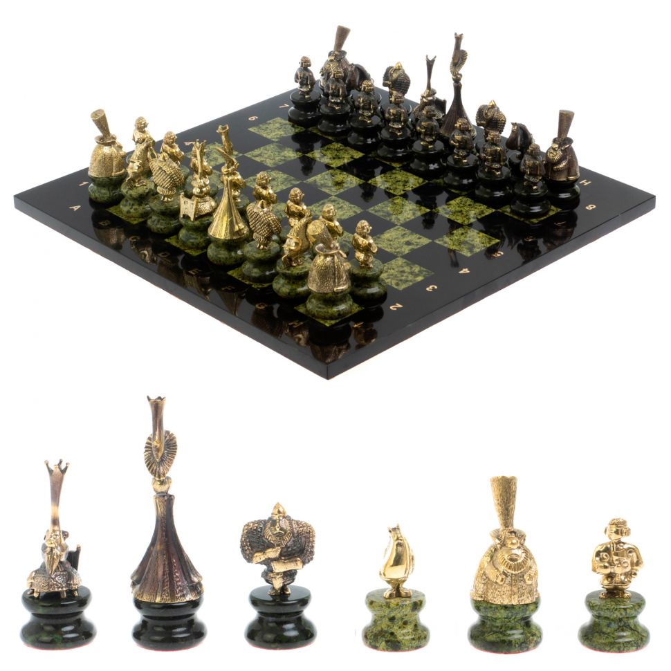 Шахматы "Русский стиль" фигуры бронза, змеевик фото 1 — 