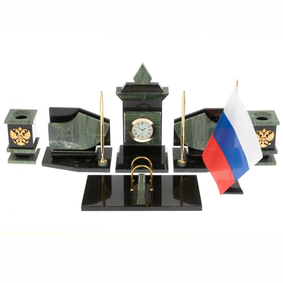 Настольный набор с гербом и флагом России камень офиокальцит фото 1 — 