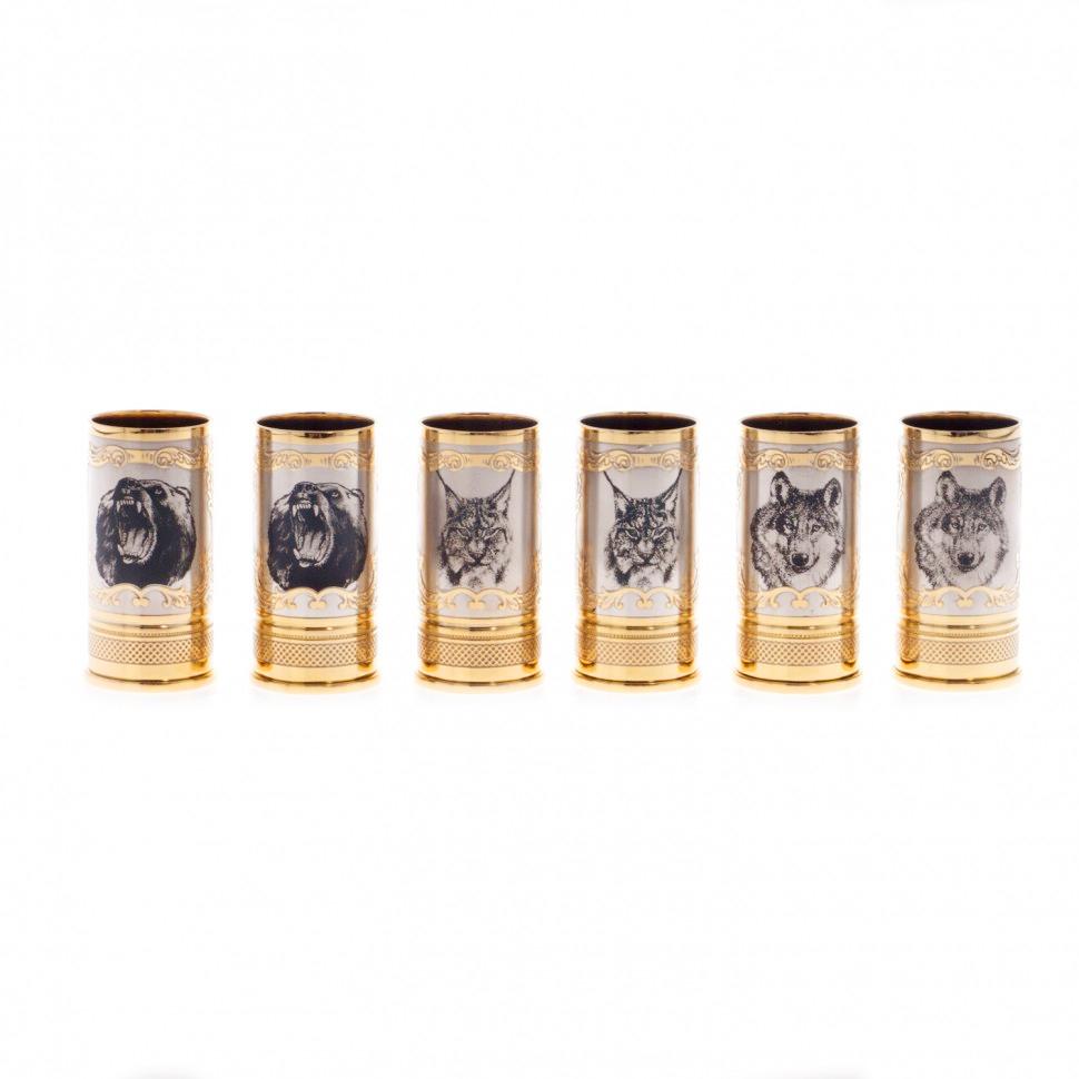 Набор стопок "Хищные звери" 6 шт в кожаном патронташе Златоуст фото 1 — 