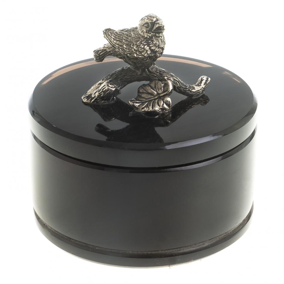 Шкатулка круглая "Певчая птица" черный обсидиан бронза 7,5х7,5х7,5 см фото 1 — 