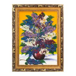 Картина с рисунком из камня &quot;Сирень в вазе&quot; в багете 36х46 см желтый фон — 