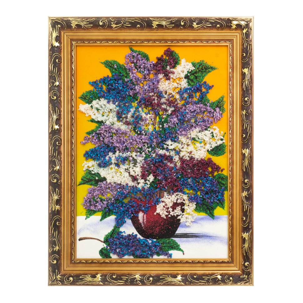Картина с рисунком из камня "Сирень в вазе" в багете 36х46 см желтый фон фото 1 — 