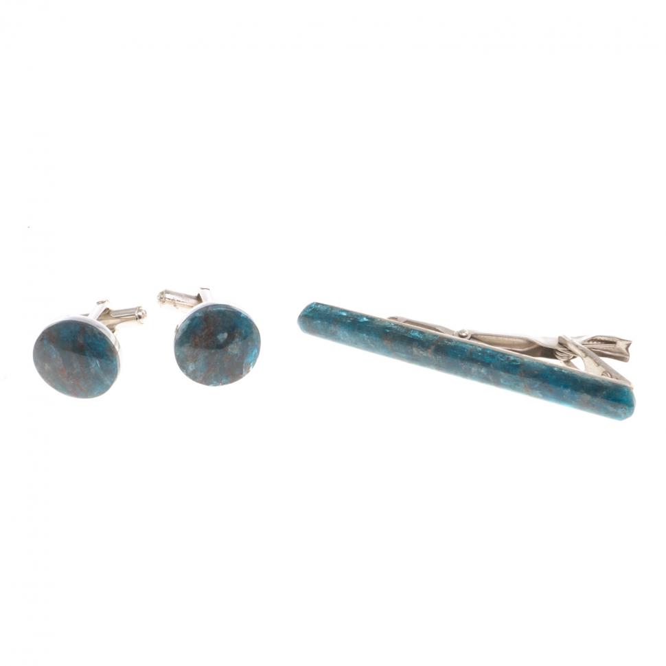 Набор запонки круглые и зажим для галстука камень голубой апатит фото 1 — 