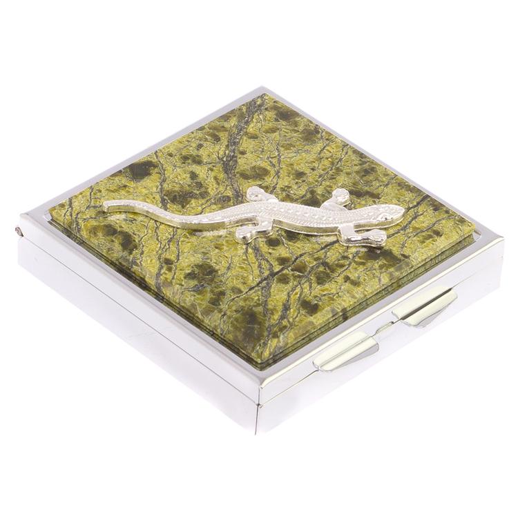 Таблетница на 4 отделения с ящерицей камень змеевик цвет серебро фото 1 — 