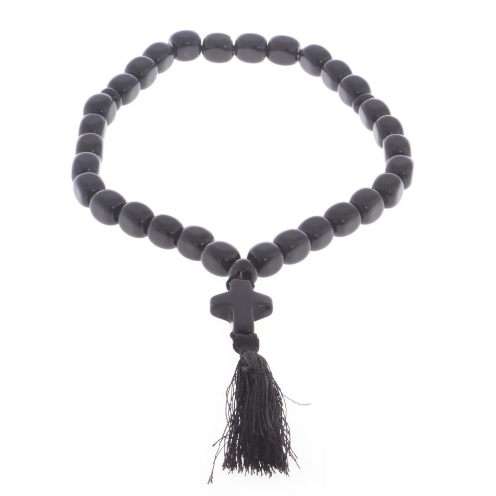 Четки с крестом из черного обсидиана 30 бусин цилиндр фото 1 — 