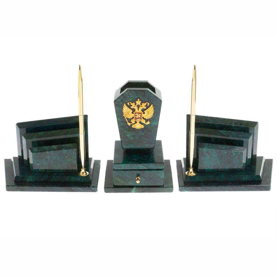 Настольный набор "Бюрократ" с гербом РФ змеевик фото 1 — 