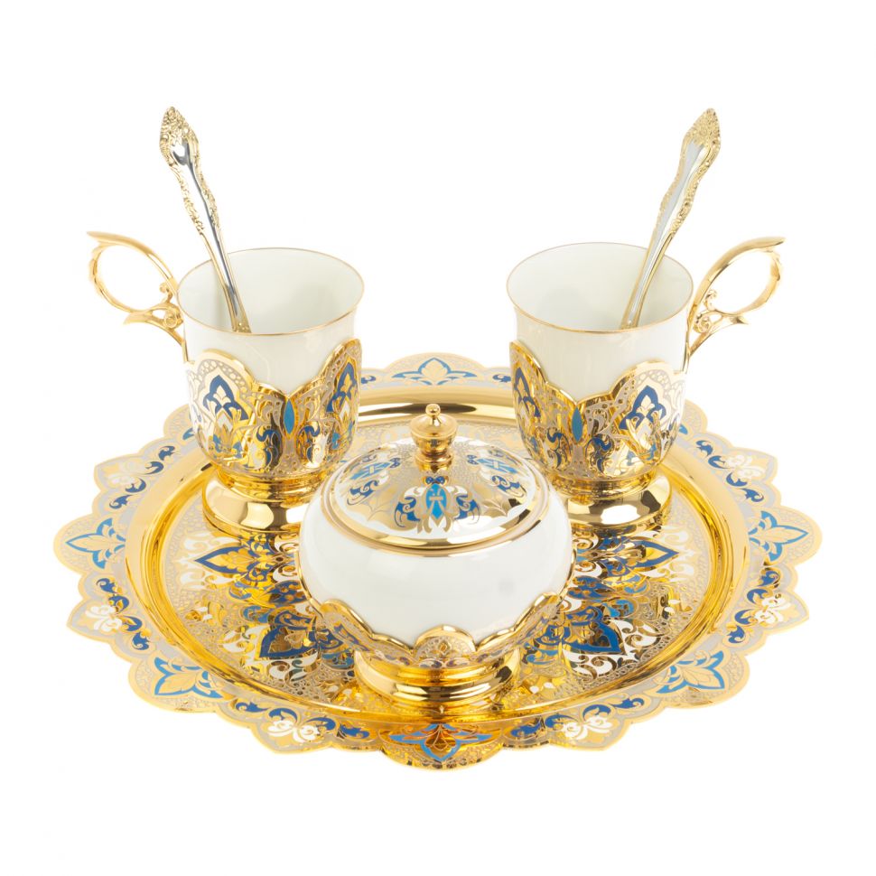 Чайный набор "Кубачинские узоры" с синей эмалью Златоуст фото 1 — 