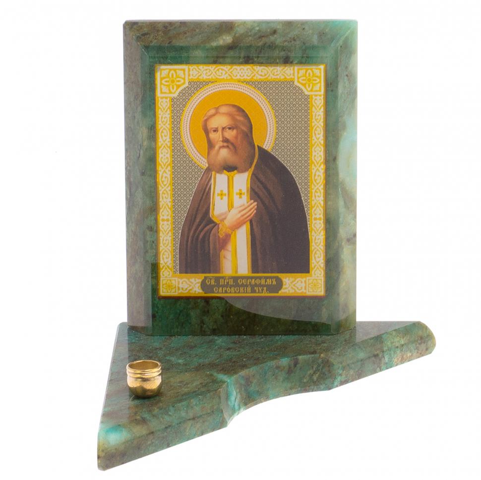 Икона с подсвечником Серафим Саровский малая из змеевика 9,5х9,5х10 см фото 1 — 
