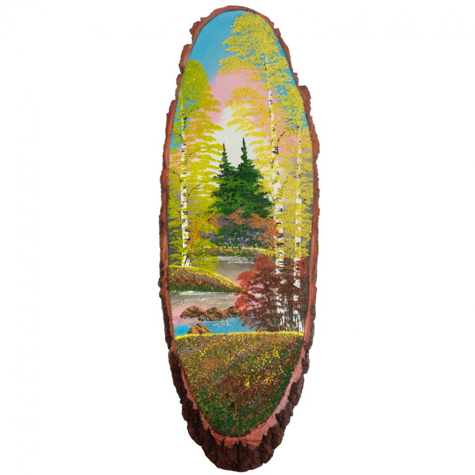 Панно на срезе дерева "Осенний пейзаж" вертикальное 105-110 см каменная крошка фото 1 — 