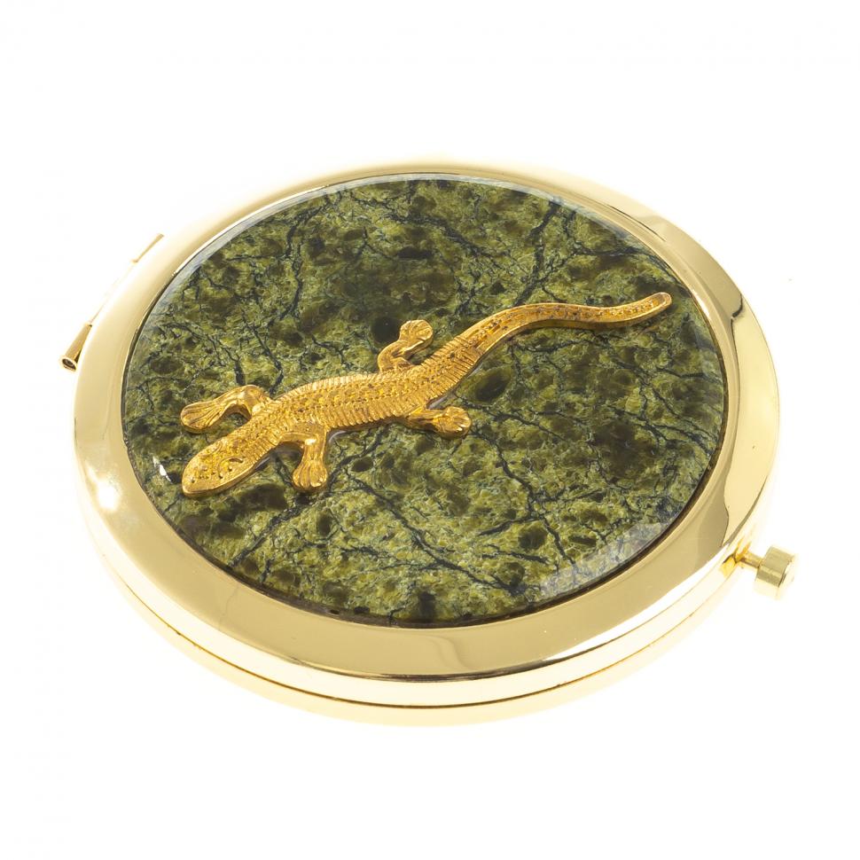 Зеркальце круглое из змеевика ящерица прямая цвет золото фото 1 — 