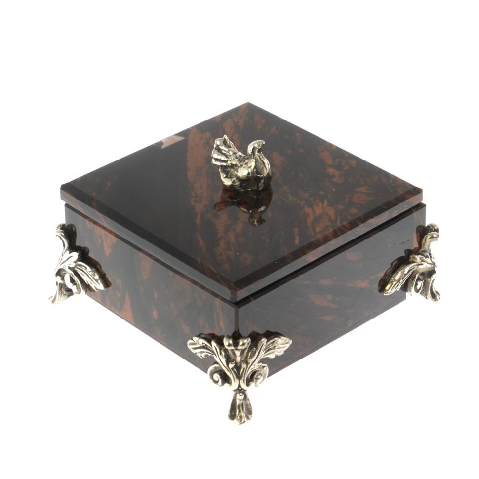 Шкатулка "Певчая птица" камень обсидиан коричневый 9х9х7,5 см фото 1 — 