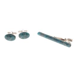 Набор запонки овальные и зажим для галстука камень голубой апатит — 