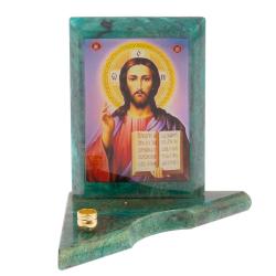Икона с подсвечником Спаситель малая из змеевика 9,5х9,5х10 см — 