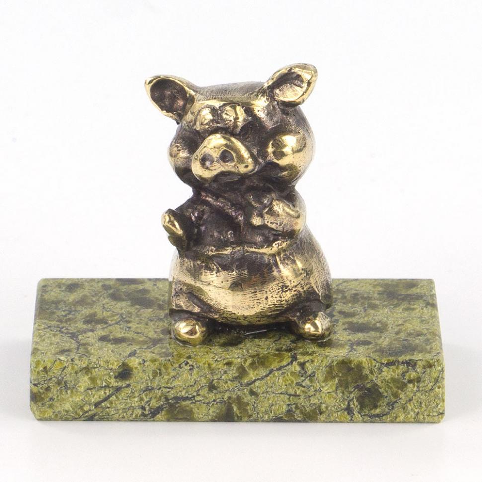 Статуэтка "Поросенок сидит №3" из бронзы и змеевика фото 1 — 