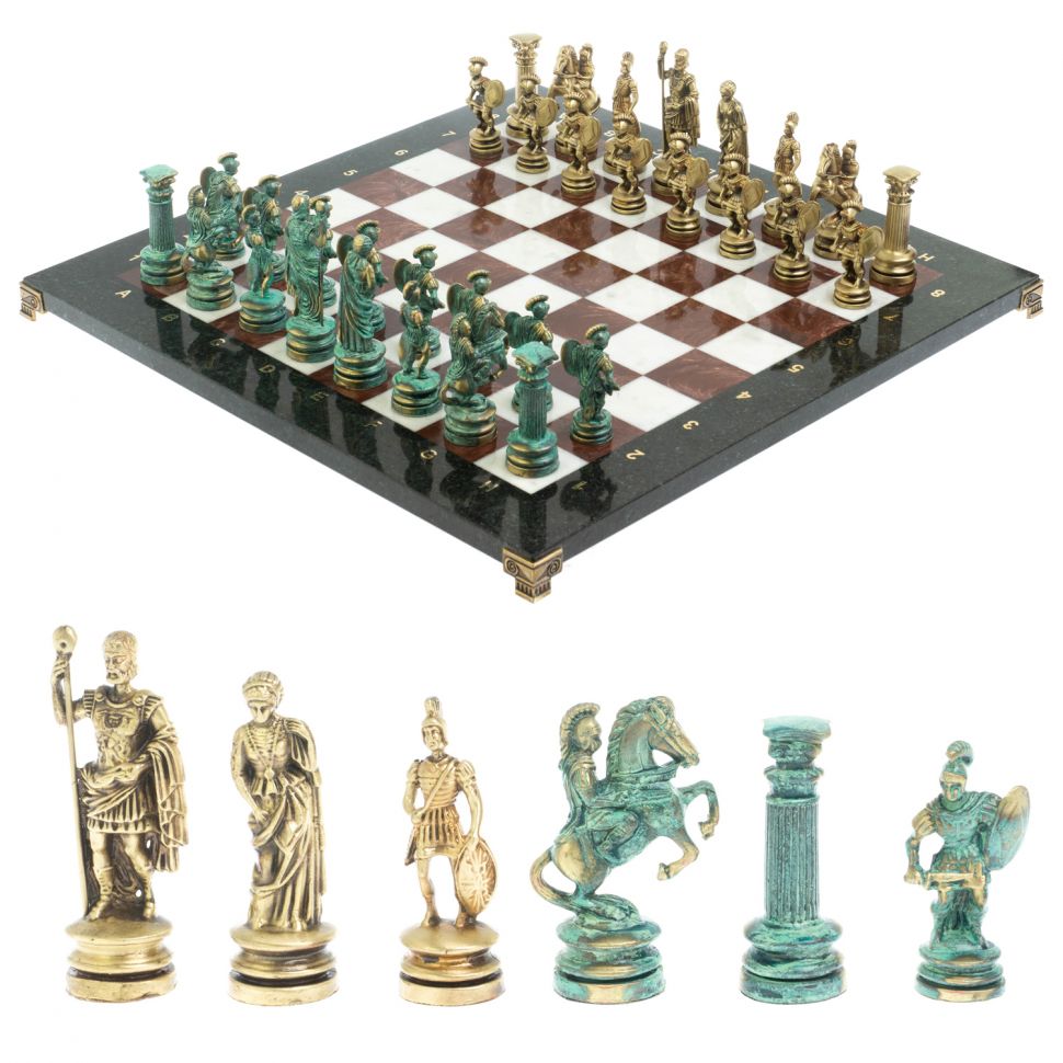 Шахматы "Древний Рим" фигуры бронза / патина 44х44 см лемезит мрамор фото 1 — 
