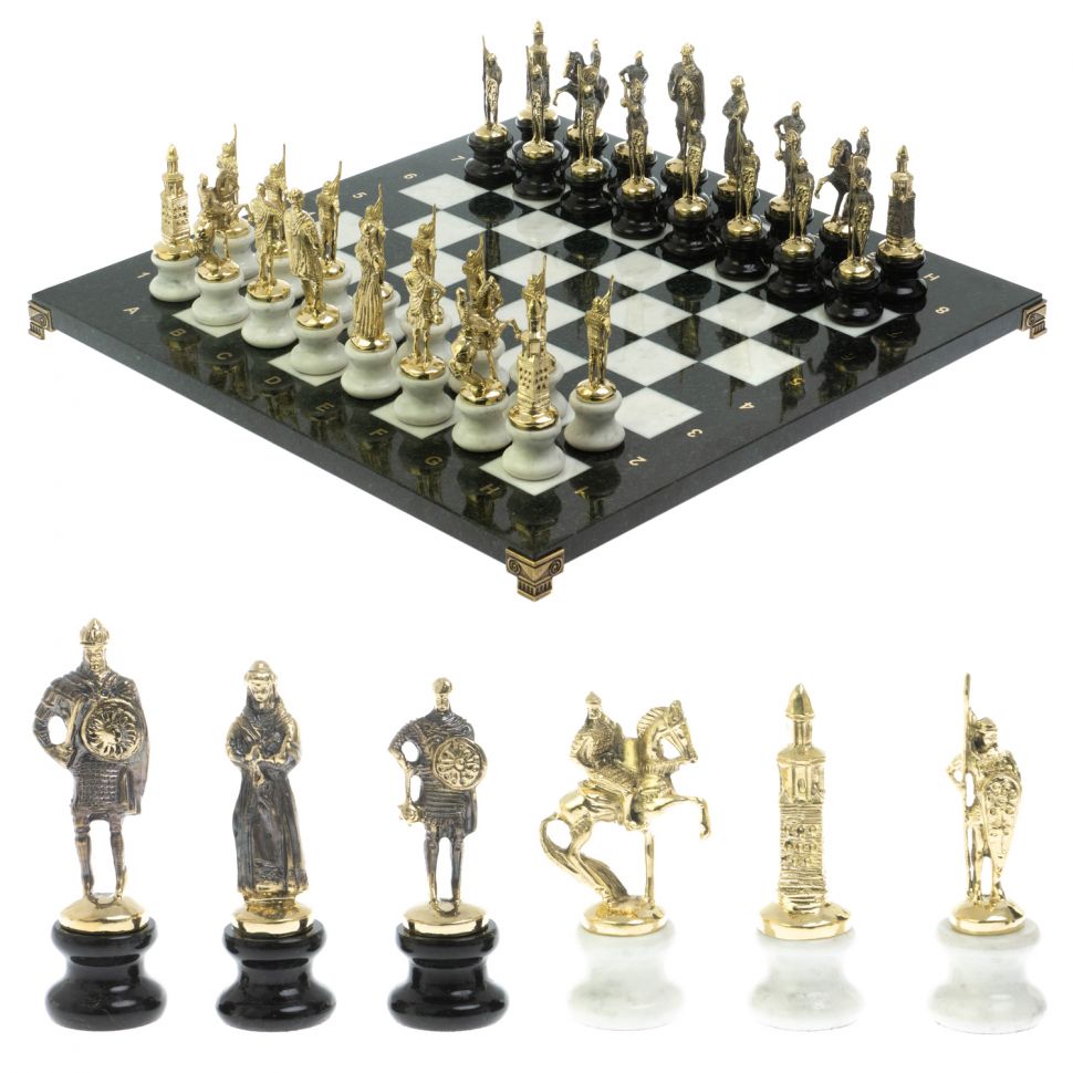 Шахматы "Русские" на подставках 44х44 см мрамор / змеевик литье бронза фото 1 — 