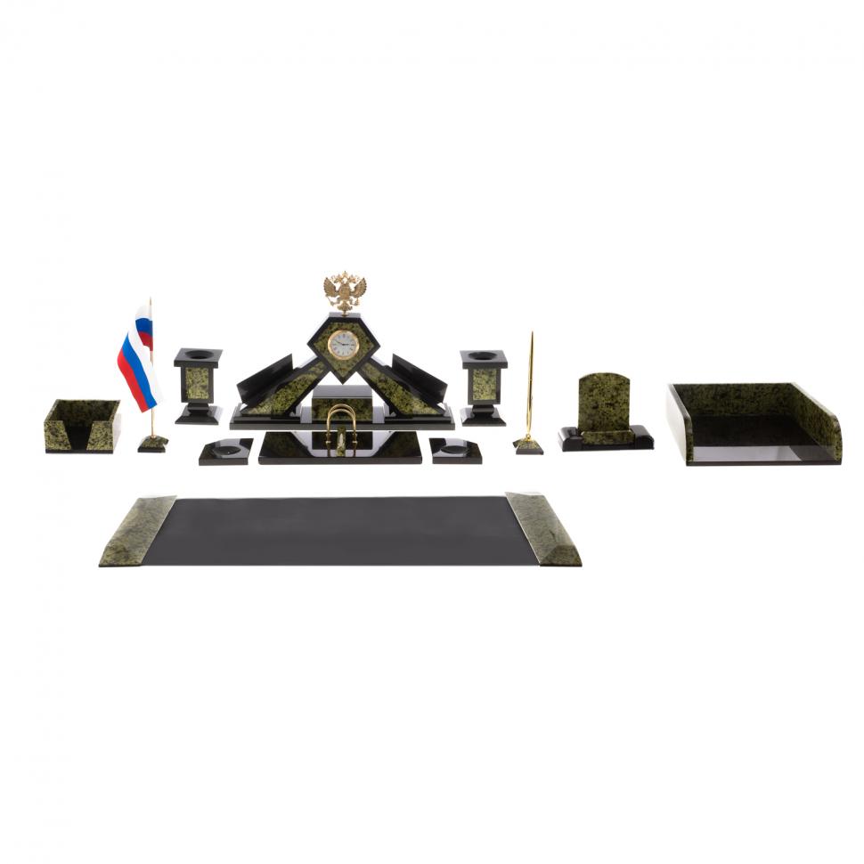 Письменный набор "Герб" с лотком для бумаг А4 и бюваром камень змеевик фото 1 — 