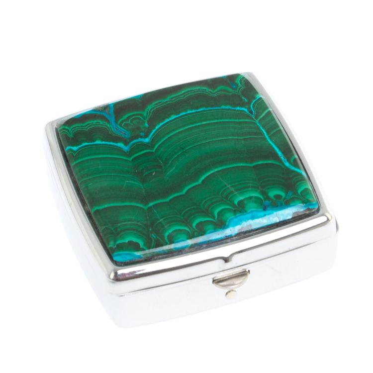 Таблетница на 2 отсека камень малахит с хризоколлой цвет серебро фото 1 — 