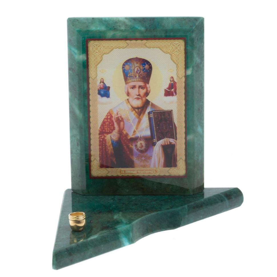 Икона с подсвечником Николай Чудотворец малая из змеевика 9,5х9,5х10 см фото 1 — 