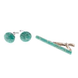 Набор запонки круглые и зажим для галстука камень амазонит — 