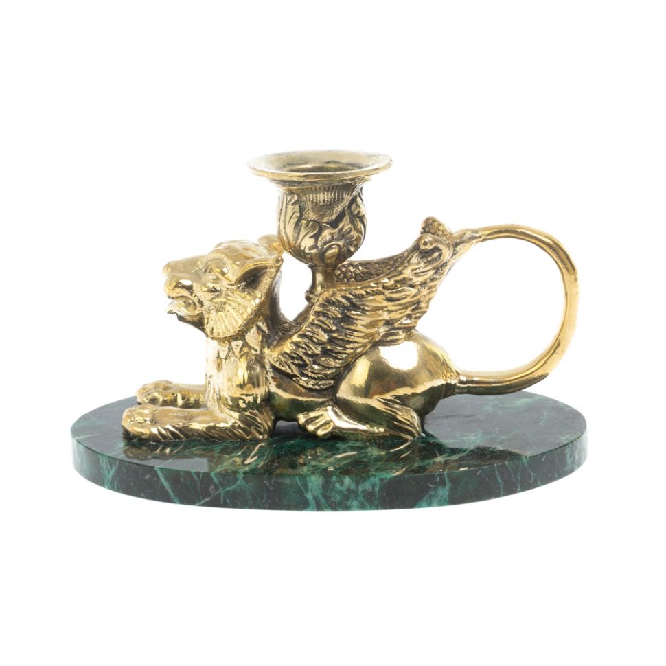 Настольный подсвечник "Грифон" из бронзы и темно-зеленого змеевика фото 1 — 