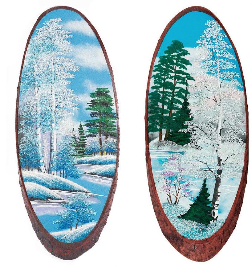 Панно на срезе дерева "Зима" вертикальное 75-80 см каменная крошка фото 1 — 