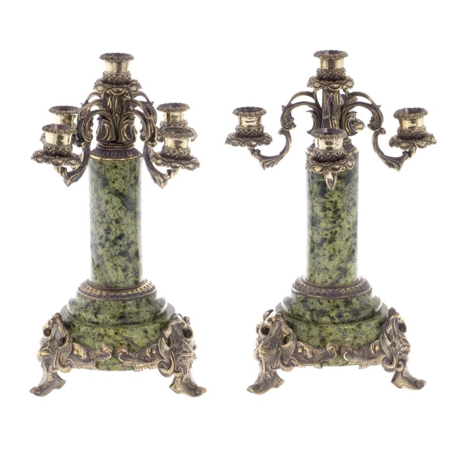 Канделябры "Барокко" бронза патина камень змеевик 5 свечей пара фото 1 — 