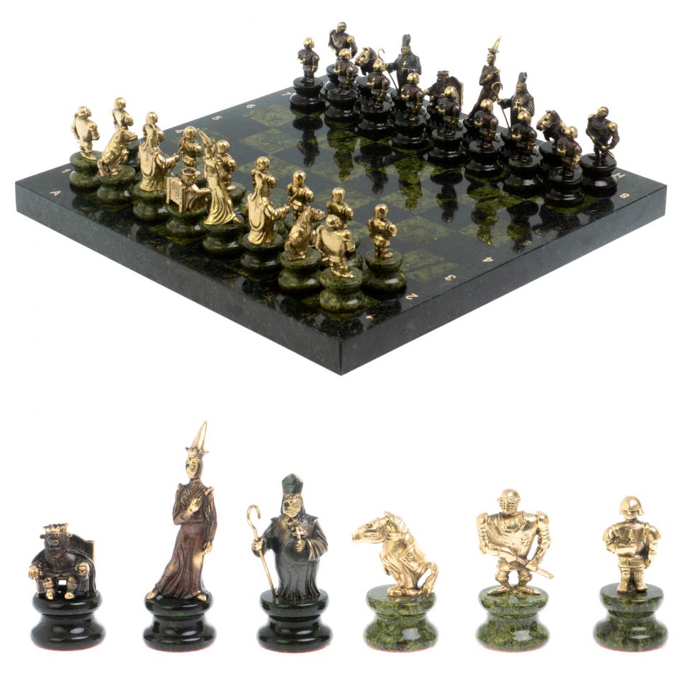 Шахматы из бронзы и змеевика "Европейские" доска 40х40 см фото 1 — 