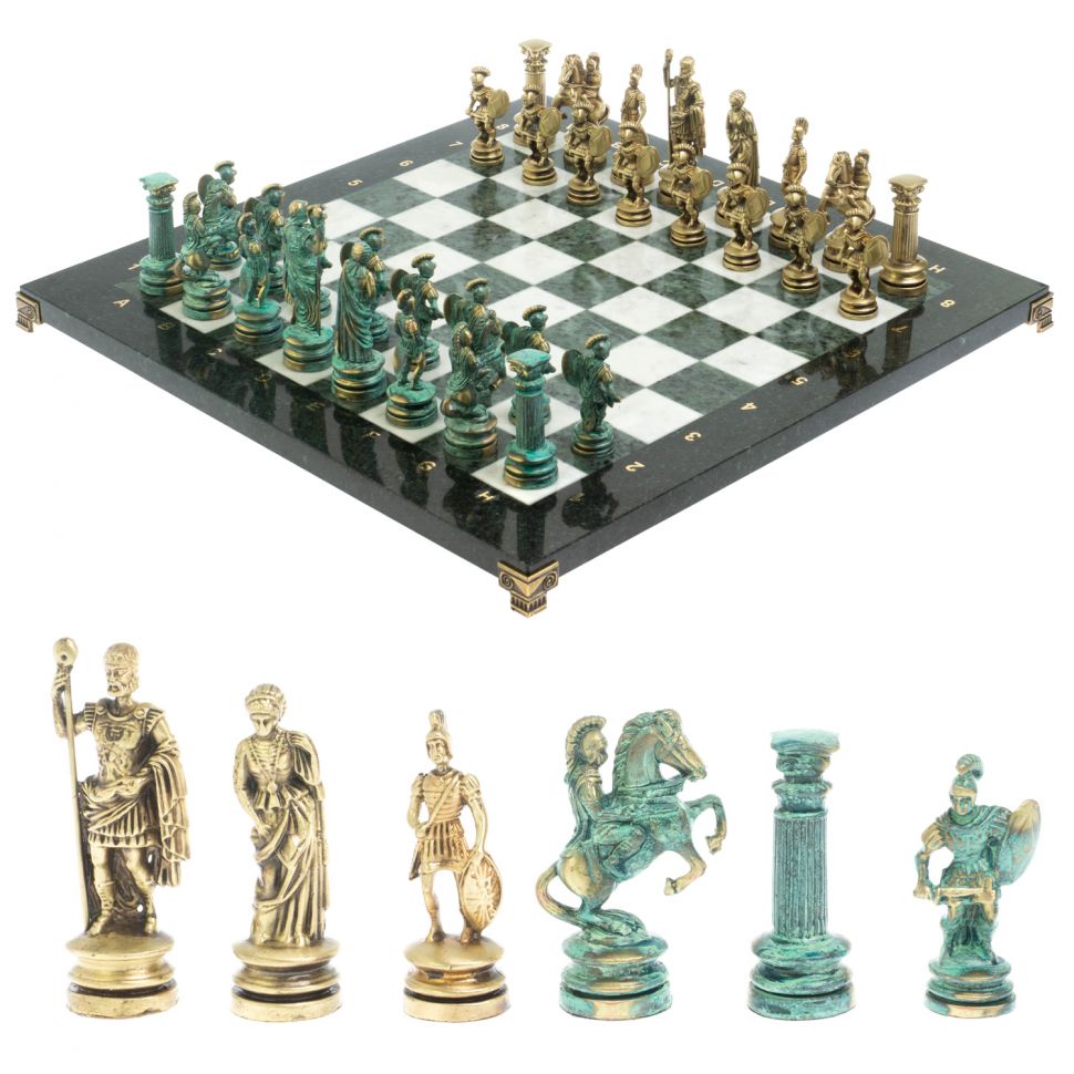 Шахматы "Древний Рим" фигуры бронза / патина 44х44 см мрамор змеевик фото 1 — 