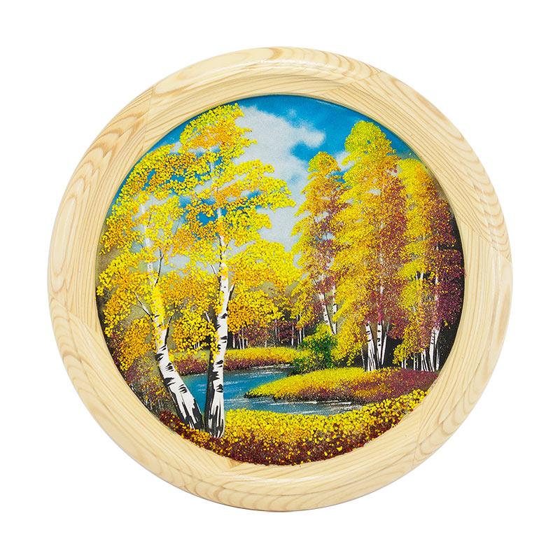 Панно каменное на тарелке из дерева "Осенний пейзаж" 40 см фото 1 — 