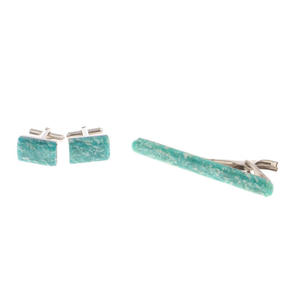 Набор запонки прямоугольные и зажим для галстука камень амазонит фото 1 — 