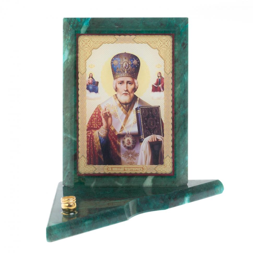 Икона с подсвечником Николай Чудотворец средняя из змеевика 12х12х13 см фото 1 — 