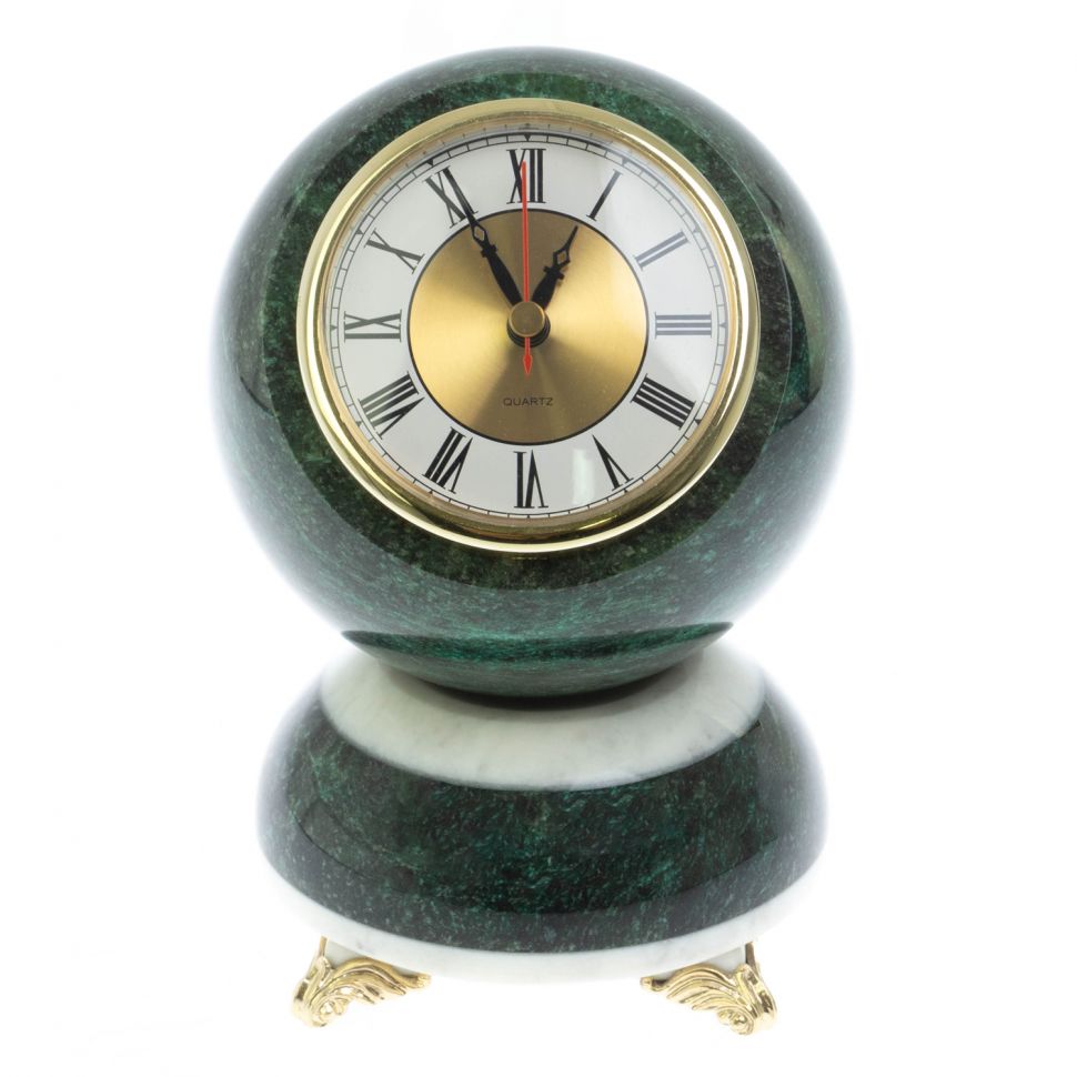 Часы "Шар Антистресс" из змеевика и мрамора 13х13х18 см фото 1 — 