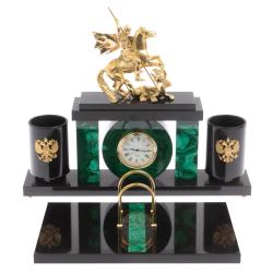 Письменный набор с часами &quot;Георгий Победоносец&quot; из малахита — 