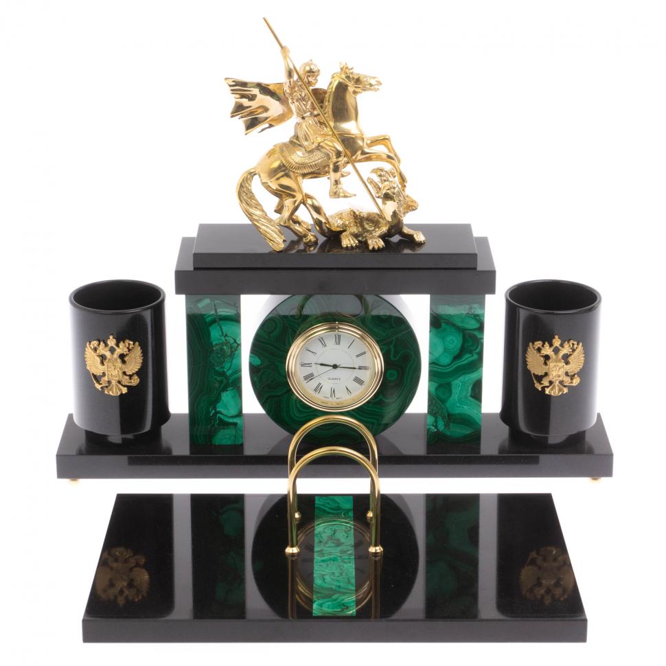 Письменный набор с часами "Георгий Победоносец" из малахита фото 1 — 
