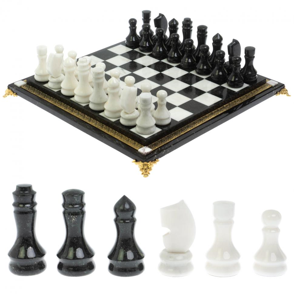 Шахматы каменные на бронзовых ножках мрамор / змеевик фото 1 — 