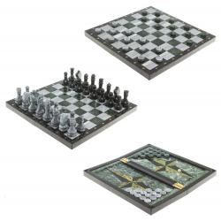 Настольная игра Шахматы Шашки Нарды 3 в 1 из камня мрамор змеевик — 
