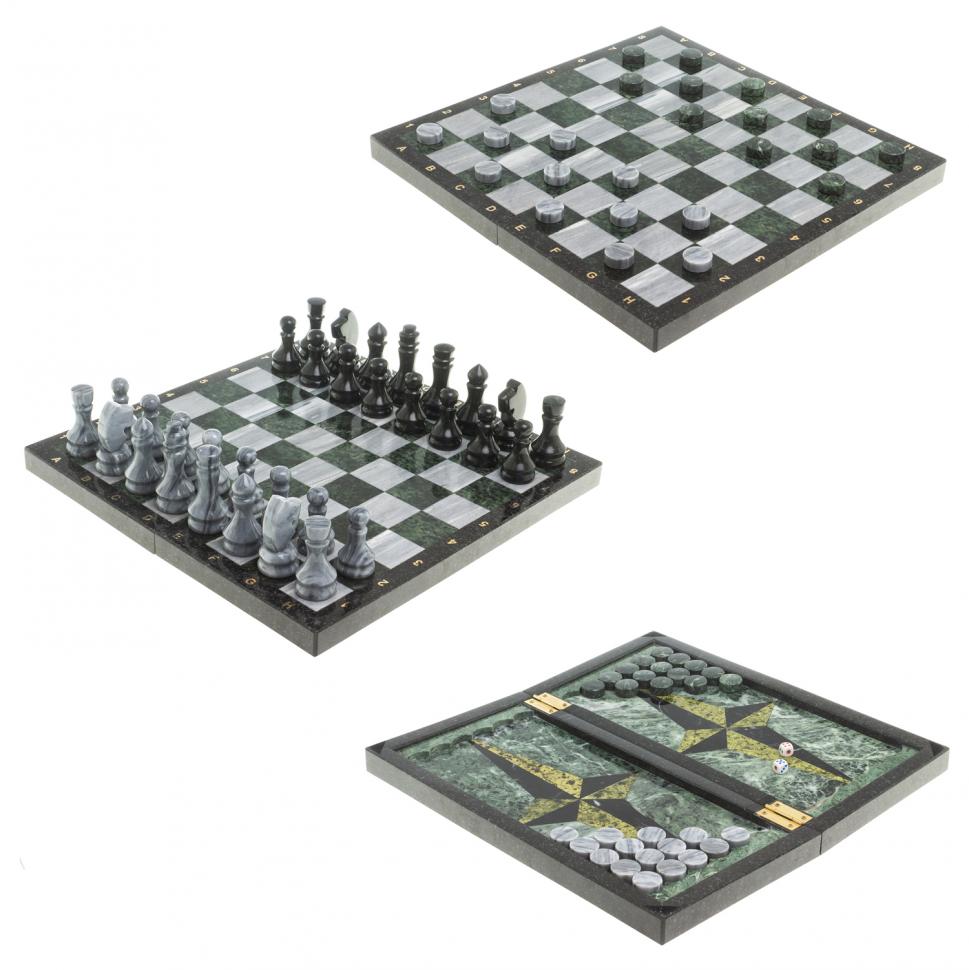 Настольная игра Шахматы Шашки Нарды 3 в 1 из камня мрамор змеевик фото 1 — 