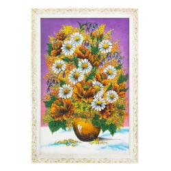 Картина &quot;Букет из маков и ромашек&quot; белый багет 47х67 см сиреневый фон — 