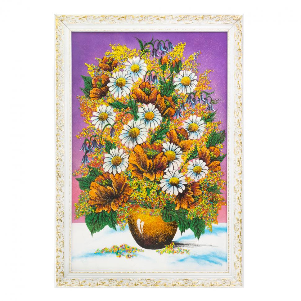 Картина "Букет из маков и ромашек" белый багет 47х67 см сиреневый фон фото 1 — 