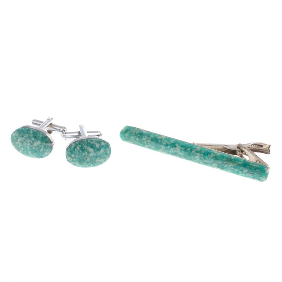 Набор запонки овальные и зажим для галстука камень амазонит фото 1 — 